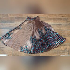 Elegant Brown Pleated Skirt with Peacock Design